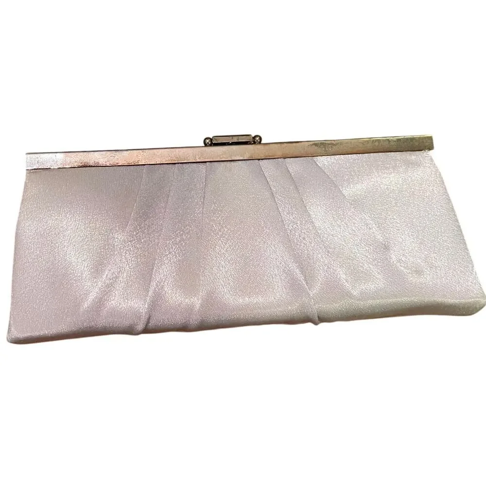 Jessica McClintock Silver Satin Clutch, Evening Clutch, Drop Chain, Clasp